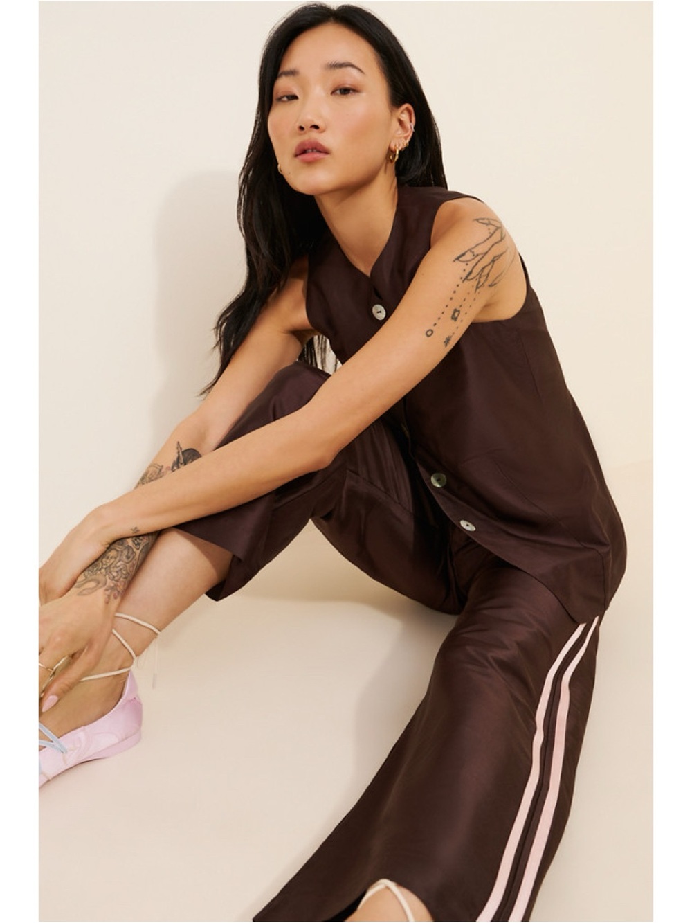 DONNI x Nuuly Silk Taffeta Track Pants Brown Pink Small - Picture 11 of 12